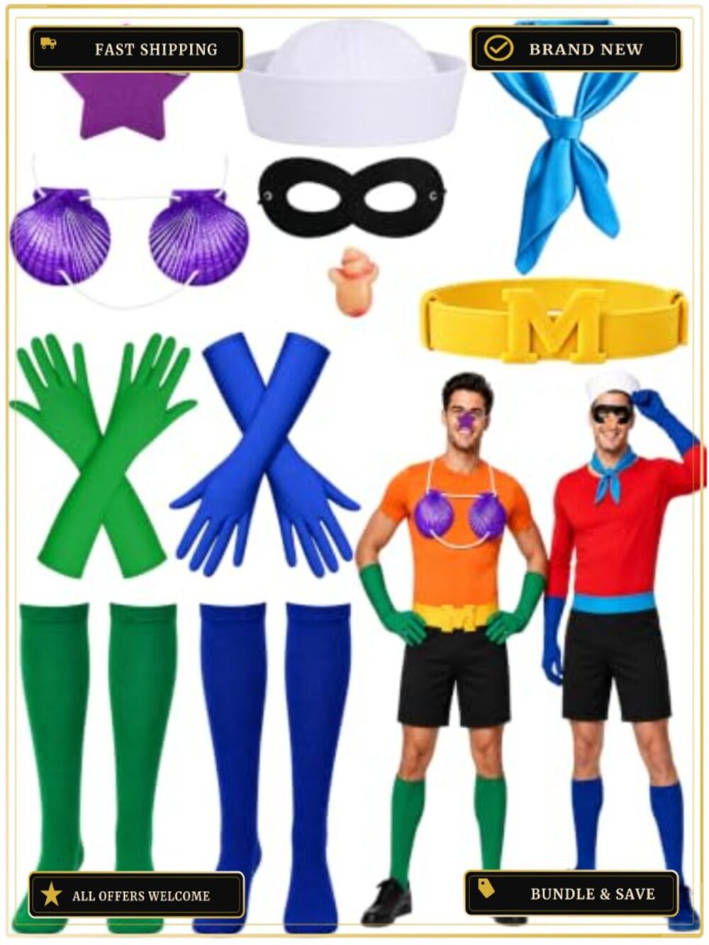 11 Pc Merman Sailor Couples Costume Set Satin Nylon Adult Halloween Cosplay